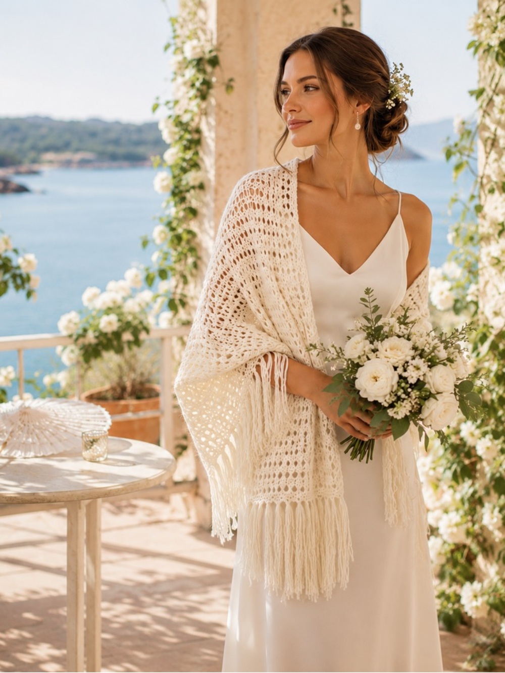 Hand Knit Wool Lace Bridal Wrap Shawl Cream Ivory Wedding Scarf Heirloom Fringe